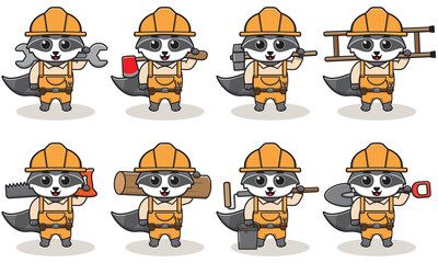 Cute cartoon of Raccoon being a handyman with big tools. Character animal. Cartoon style Handyman with the tools. Children's illustration.