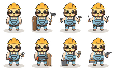 Cute cartoon of Sloth being a handyman. Character animal. Cartoon style Handyman with the tools. Children's illustration.