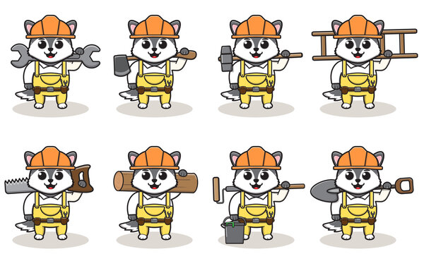 Cute cartoon of Wolf being a handyman with big tools. Character animal. Cartoon style Handyman with the tools. Children's illustration.