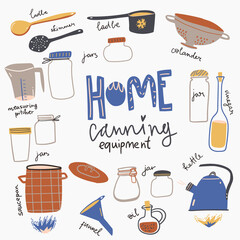 Home canning equipment doodle collection. Kettle, jars and other objects.