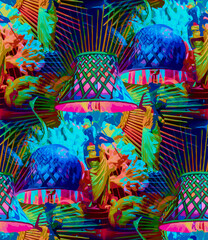 Blue Exotic tropical island lamp ladies neon seamless pattern