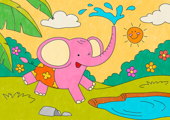 Obraz premium Pink elephant illustration, editable kids coloring page vector