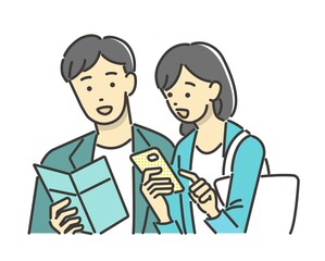 旅行先でスマホやパンフレットを見る夫婦(カップル）のベクターイラスト素材／観光／アプリ