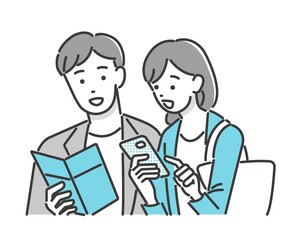 旅行先でスマホやパンフレットを見る夫婦(カップル）のベクターイラスト素材／観光／アプリ