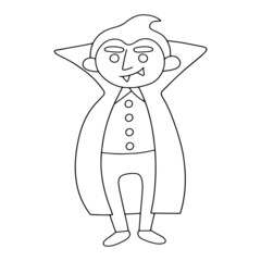 Cute cartoon vampire coloring page for Halloween vector illustration. Funny Halloween monster character hand-drawn clip art isolated on white vector illustration