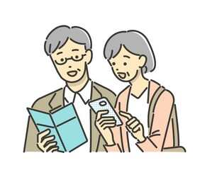 旅行先でスマホやパンフレットを見るシニア夫婦(カップル）のベクターイラスト素材／観光／アプリ