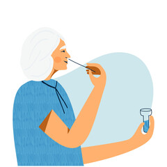Covid nasal pcr swab rapid self test. Senior woman using antigen test kit with self-administered swab. Quick antibodies exam. Elderly woman taking smear COVID-19 test herself. Flat vector illustration