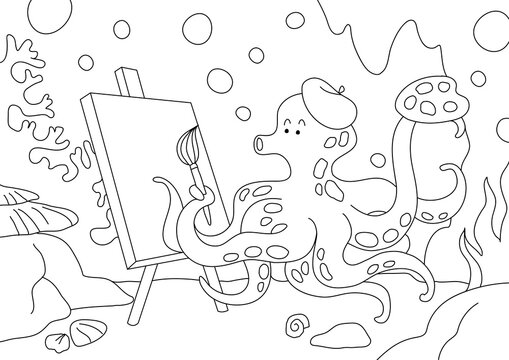Octopus kids coloring page vector, blank printable design for children to fill in