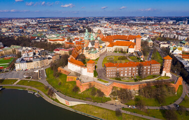 Fototapeta na wymiar Aerial view of old Wawel Castle by the river in Krakov, Poland