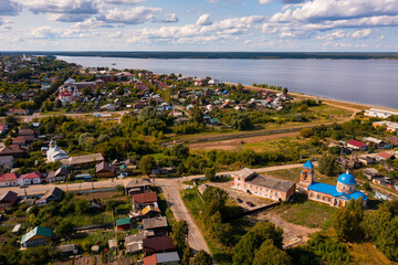 Panoramic view from drone of the church of the Life-Giving Trinity of Kozmodemyansk city. Russia
