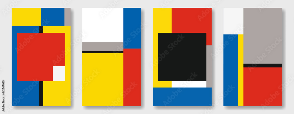 Poster set of minimalistic geometric vertical backgrounds in bauhaus style. simple different shapes in retr