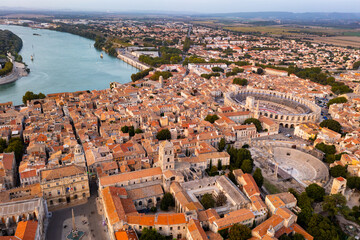 Fototapeta premium View from drone of ancient city Arles and roman amphitheatre, France