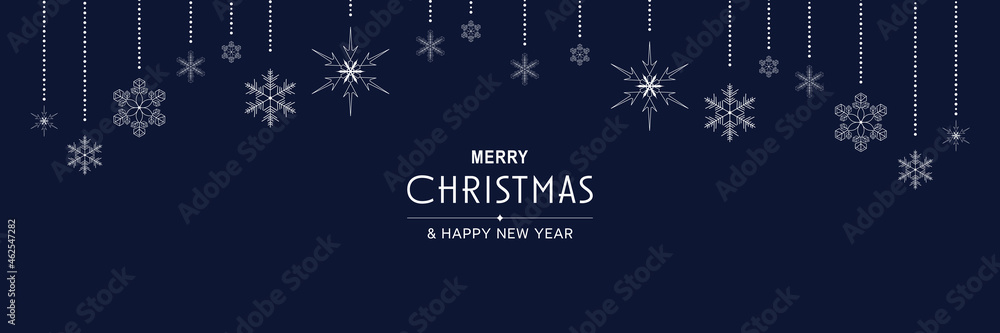 Poster merry christmas and new year 2022 poster. xmas minimal banner design with hanging snowflakes and tex