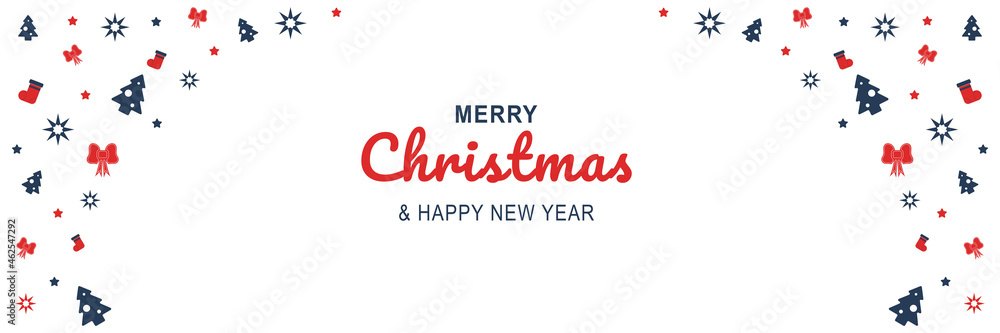 Poster merry christmas and new year 2022 poster. xmas minimal banner design with trees, socks, bows, stars 