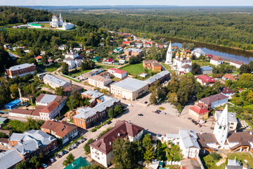 Fototapeta na wymiar Aerial view of cathedral of the Annunciation and Klyazma river. Gorokhovets. Russia