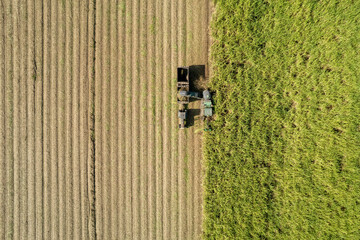 Aerial Of A Sugarcane Harvester In Action