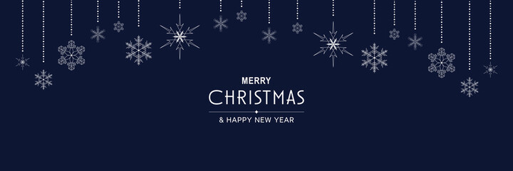 Naklejka na ściany i meble Merry Christmas and New Year 2022 poster. Xmas minimal banner design with hanging snowflakes and text on blue background. Horizontal festive header of website. Vector illustration for greeting card