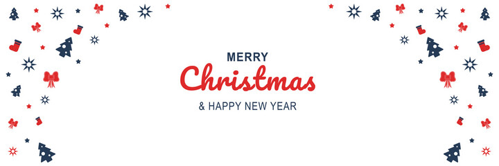 Fototapeta na wymiar Merry Christmas and New Year 2022 poster. Xmas minimal banner design with trees, socks, bows, stars pattern and text on white background. Horizontal web header. Vector illustration for greeting card