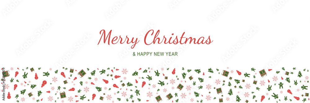 Poster Merry Christmas and New Year 2022 poster. Xmas minimal banner with holiday symbols pattern border and text on white background. Horizontal website header. Vector illustration for greeting card design