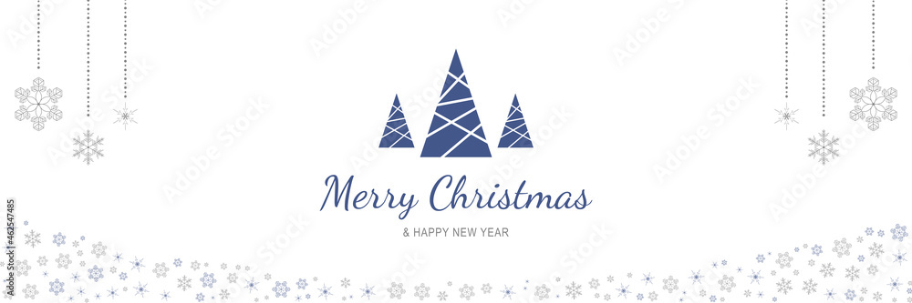 Poster Merry Christmas and New Year 2022 poster. Xmas minimal banner with abstract trees, hanging snowflakes and text on white background. Horizontal web header. Vector illustration for greeting card design