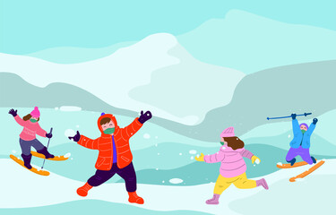 Fototapeta premium Vector illustration Children Playing Around in the Snow in Winter