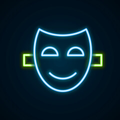 Glowing neon line Comedy theatrical mask icon isolated on black background. Colorful outline concept. Vector