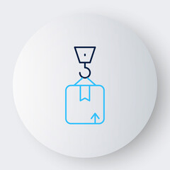 Line Crane with carton cardboard box icon isolated on white background. Crane lifts a container with cargo. Colorful outline concept. Vector