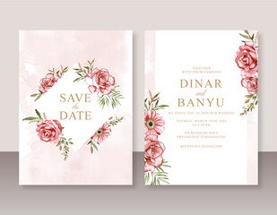 Wedding invitation card set with red flowers watercolor beautiful painting
