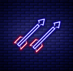 Glowing neon line Medieval arrows icon isolated on brick wall background. Medieval weapon. Colorful outline concept. Vector