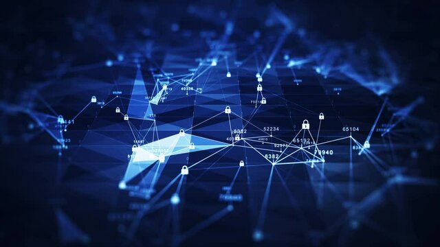 data protection technology concept cyber security and privacy. A small padlock binary polygon that acts as a slow-moving connector. against a dark blue background.
