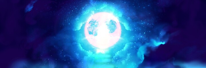 Illustration of night sky with creepy pink full moon and clouds 