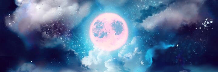 Illustration of night sky with creepy pink full moon and clouds  © NORIMA