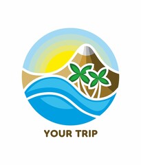 Travel Agency Logo. Sun, mountains, palm trees and the sea. Summer bright logo. Vector icon with palm trees, ocean and mountains.