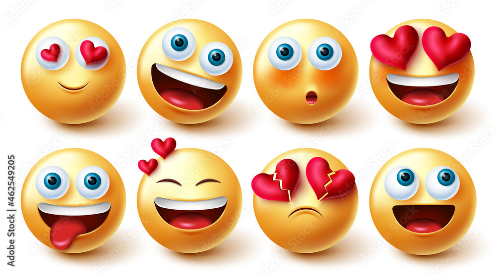 Poster smileys in love vector set. smiley 3d love characters with hearts element in smiling and blushing fa