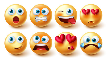 Smileys character vector set. Emojis smiley in yellow face with funny and in love faces collection for emoticon graphic facial reaction and expressions design. Vector illustration.
