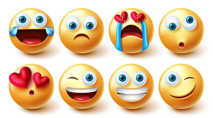 Smileys emoji vector set. Smiley emoticons graphic 3d design in funny, cute and sad broken hearted face emotions for emojis expression icon character collection. Vector illustration.
