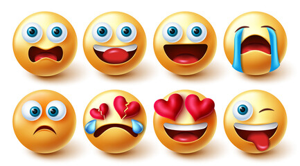 Smileys character vector set. Emoji characters funny, in love, upset and crying isolated in white background for emoticon facial reaction and expression 3d collection graphic design.