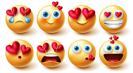 Smileys valentines vector set. Smiley characters in 3d inlove, blushing and happy emotions and reaction with hearts element for cute love faces graphic design and elements. Vector illustration.
