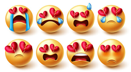 Emojis broken hearted vector set. Smiley characters in sad, crying and broken hearts yellow faces reaction and expressions for valentines emoji collection graphic design. Vector illustration.
