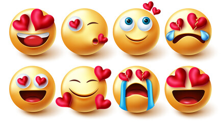 Emoji valentines in love vector set. Smiley characters in yellow faces with hearts element in lovely and happy emotions and reaction for emojis character love collection design. Vector illustration.
