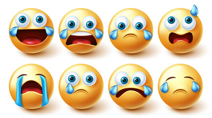 Smiley crying emojis vector set. Smileys 3d characters in crying, laughing out loud and confused graphic face collection for emoticons mood facial expression design. Vector illustration.
