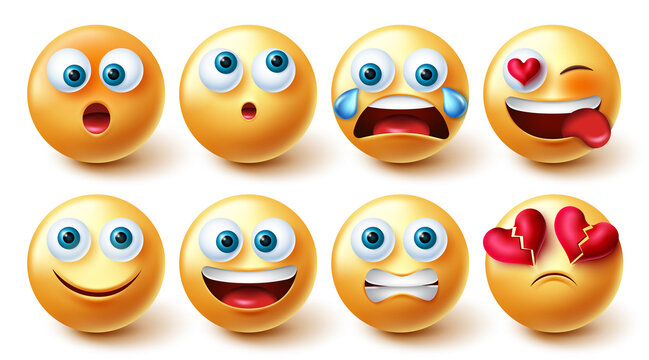 Emoji smileys vector set. Smiley 3d character emojis in happy and sad facial expressions isolated in white background for cute yellow faces graphic design collection. Vector illustration.
