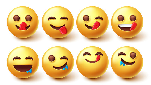 Emojis yummy face character vector set. Smileys emoji 3d in licking and mouth watering for hungry, delicious and tasty emoticons facial reaction design collection. Vector illustration.
