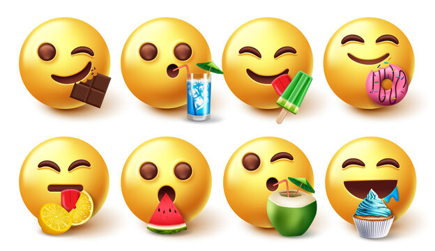 Smileys eating emoji vector set. Smiley emojis 3d eating and drinking foods like fruits and dessert isolated in white background for emoticons eat and drink face collection design. Vector illustration