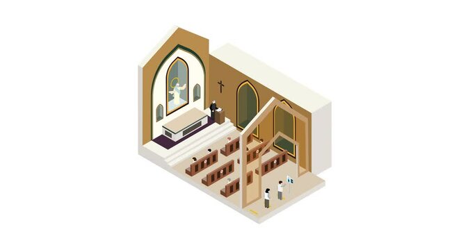 New normal life style in Church, wearing mask and social distancing. Isometric detailing view point. Animation.