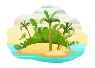 Sandy Island in the ocean. Cartoon style. Blue calm sea. Flat design illustration. Jungle palm trees. Isolated on white background. Vector.