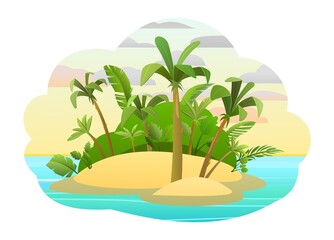 Fototapeta premium Sandy Island in the ocean. Cartoon style. Blue calm sea. Flat design illustration. Jungle palm trees. Isolated on white background. Vector.