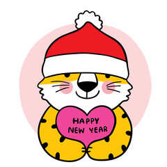 Cartoon cute Happy New year 2002 Tiger and heart vector.