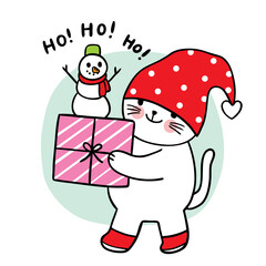 Cartoon cute Christmas and New year cat and snowman and presents vector.