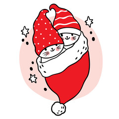 Cartoon cute Christmas and New year cats and gnome hat in santa hat vector.
